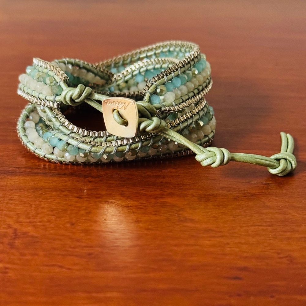 Nakamol blue green and silver leather beaded wrap boho bracelet